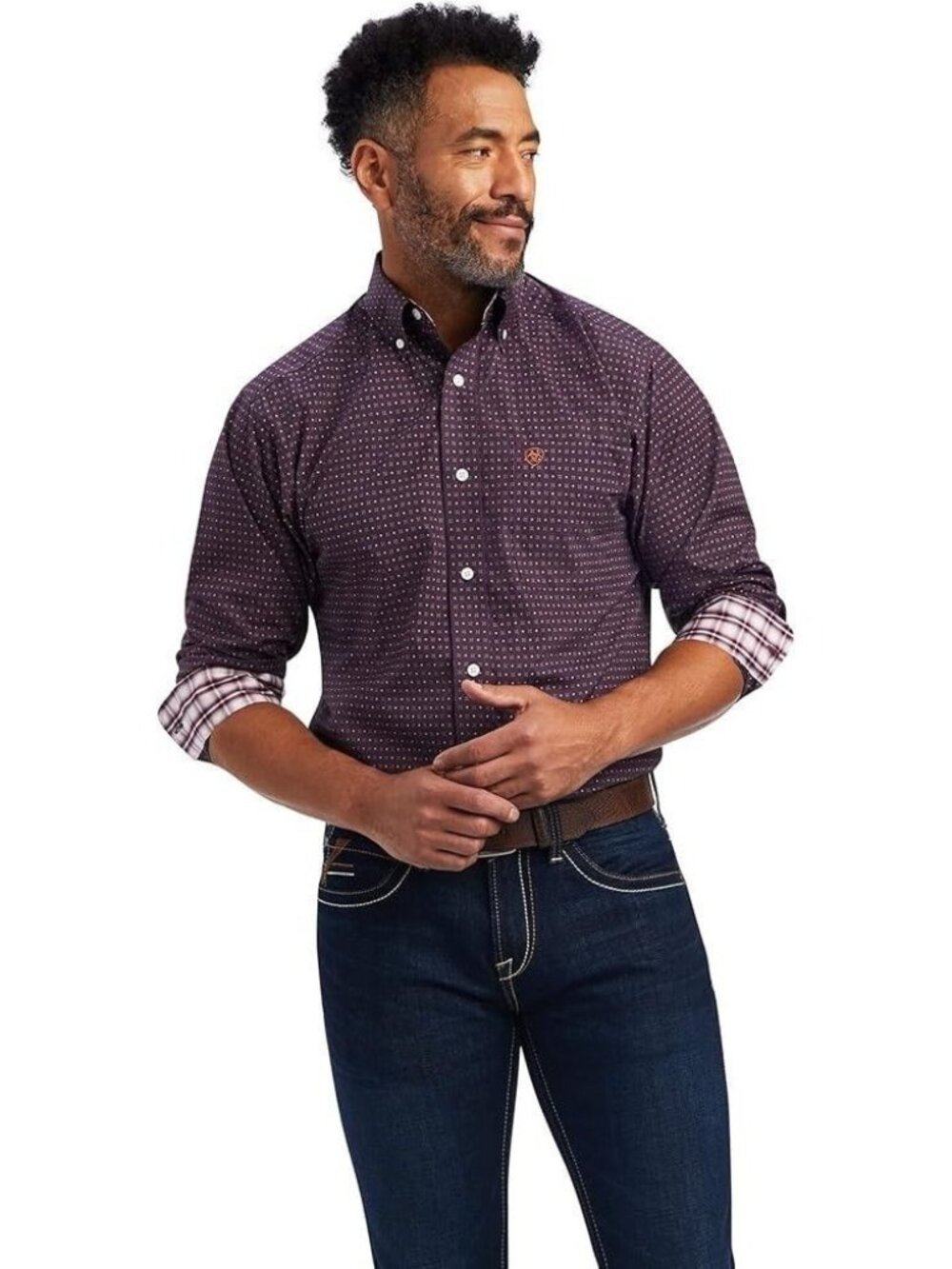 Ariat Mens Wrinkle-Free Long Sleeve Button-Up Shirt Purple M Western Work Cowboy